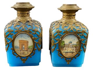 Pair Antique Blue Opaline French Perfume Bottles, Paris Napoleon Empire Grand Tour