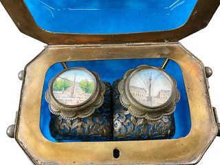 Antique Grand Tour Blue Opaline French Toilette Box with Two Bottles, Paris Napoleon Empire Grand Tour