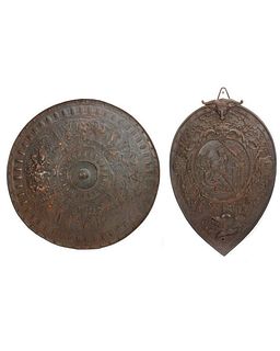 Two Metal Hall Shields with Classical Scenes.