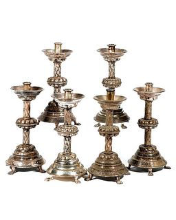 Set of Six Silver Metal Candlesticks, c. 19th Century.