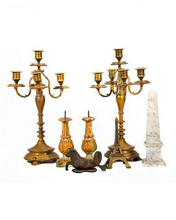Pair of Brass Candelabra, with various table articles.