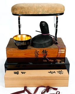 Japanese Lacquer Stool, and other objects.