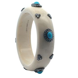 Lucite, Turquoises, Diamonds and 14k Gold Cuff Bracelet