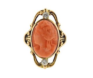 Antique 14k Gold Coral Cameo Diamond Ring