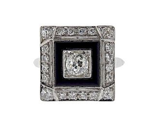 Art Deco Platinum Diamond Onyx Square Ring