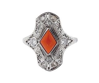 Art Deco 18k Gold Coral Diamond Ring