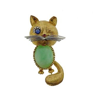 18k Gold Diamond Jade Cat Brooch Pin