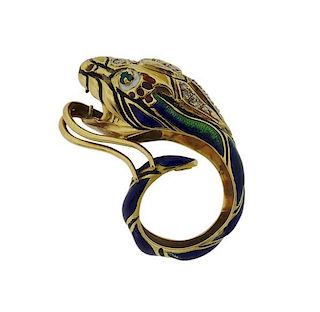 Large 18k Gold Diamond Enamel Snake Ring