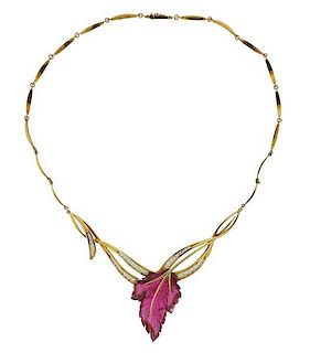 18K Gold Diamond Pink Stone Leaf Motif Necklace