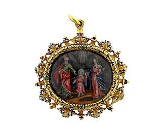 Antique  17th Century  Gold Reverse Painting Enamel Devotional Pendant