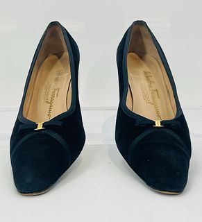 Black Suede Pumps Size 7 1/2 B, Made in Italy by Salvatore Ferragamo