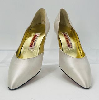White Fabric and Leather Pumps Size 7 1/2 B, Made in Italy by A. Testoni and Alessandro Fini