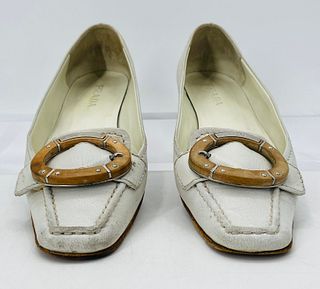 White Leather Flats Size 37 1/2, Made in Italy by Prada