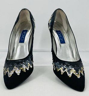 Black Sequined Fabric Pumps Size 7 1/2 M, Made in Taiwan by CinCin