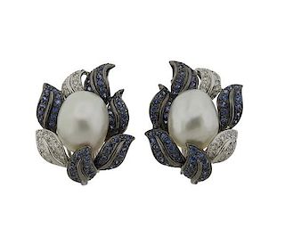 Large 18k Gold Diamond Pearl Blue Stone Earrings
