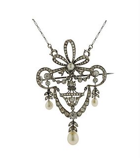 Edwardian Platinum Diamond Pearl Pendant Necklace