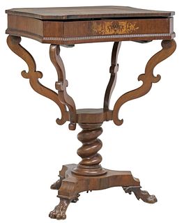 FRENCH INLAID ROSEWOOD SEWING TABLE ON PEDESTAL, 19TH C.