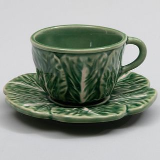 Set of Fifteen Bordallo Pinheiro Cabbage Leaf Coffee Cups and Saucers