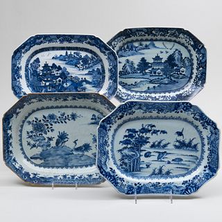 Group of Four Chinese Export Blue and White Rectangular Platters