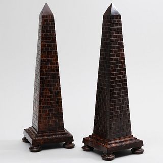 Pair of Faux-Painted Metal Rusticated Obelisks