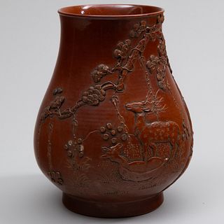 Chinese Brown Glazed Porcelain Vase with Deer