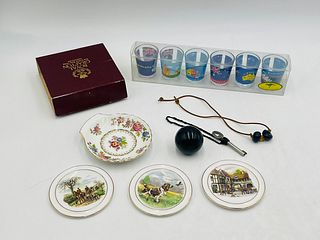 Set of Shot Glasses, Dishes, Bracelet, Decorative Sphere, and Key