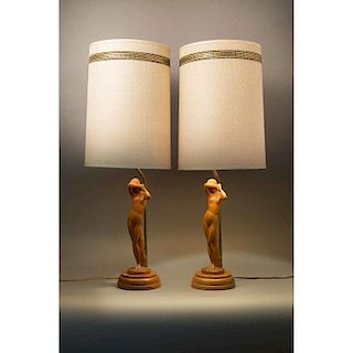 Pair of Carved Nude Figural Wood Lamps