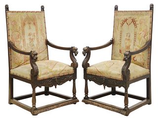 (2) RENAISSANCE REVIVAL FIGURAL CARVED HIGHBACK ARMCHAIRS