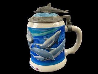 Sea World Anheuser Busch Dolphin Lidded Ceramic Beer Stein 1995