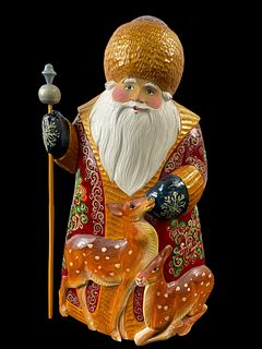 Hand Painted Carved Wooden Russian Santa With Deer