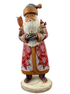 Hand Painted Carved Russian Santa With Birds