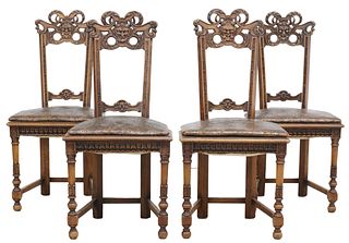 (4) RENAISSANCE REVIVAL LEATHER & WALNUT SIDE CHAIRS