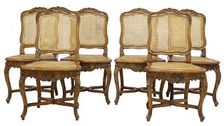 (6) FRENCH LOUIS XV STYLE CANED WALNUT DINING CHAIRS