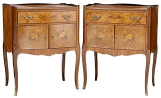 (2) LOUIS XV STYLE FLORAL MARQUETRY BEDSIDE CABINETS