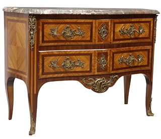 LOUIS XV STYLE MARBLE-TOP MATCHED VENEER COMMODE, SIGNED