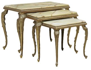 (3) LOUIS XV STYLE GILT METAL NESTING TABLES WITH ONYX TOPS