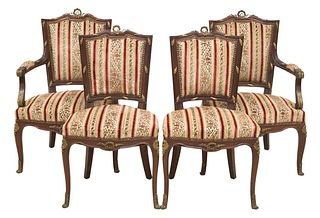 (4) FRENCH LOUIS XV STYLE UPHOLSTERED MAHOGANY CHAIRS