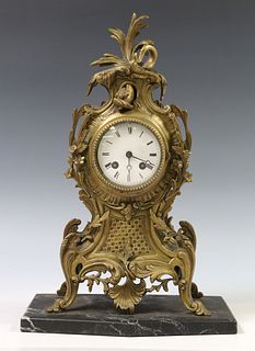 FRENCH LOUIS XV STYLE BRONZE MANTEL CLOCK ON MARBLE BASE