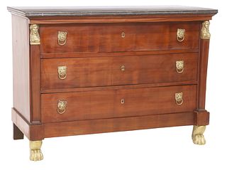FRENCH EMPIRE STYLE MARBLE-TOP MAHOGANY THREE-DRAWER COMMODE