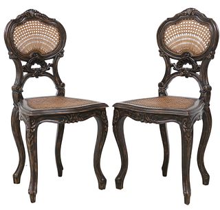 (2) LOUIS XV STYLE CARVED WOOD CANED SIDE CHAIRS