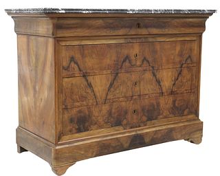 FRENCH LOUIS PHILIPPE PERIOD MARBLE-TOP BURL WALNUT COMMODE
