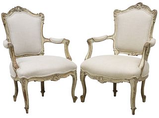 (2) LOUIS XV STYLE PAINTED & UPHOLSTERED ARMCHAIRS/ FAUTEUILS