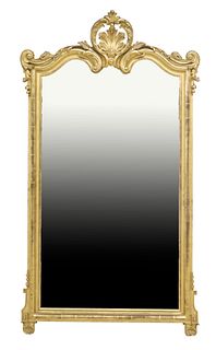 FINE FRENCH LOUIS XV STYLE GILTWOOD BEVELED MIRROR, 68" X 38.5"