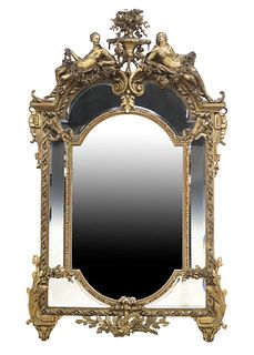 EXCEPTIONAL FRENCH LOUIS XVI STYLE GILTWOOD MIRROR WITH CLASSICAL FIGURES
