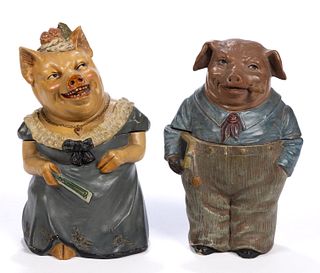 CONTINENTAL CERAMIC FIGURAL ANTHROPOMORPHIC PIG HUMIDORS, LOT OF TWO