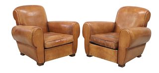 (2) FRENCH ART DECO LEATHER CLUB CHAIRS