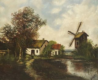 SIGNED B. MARILLAH PAINTING, VILLAGE SCENE WITH WINDMILL
