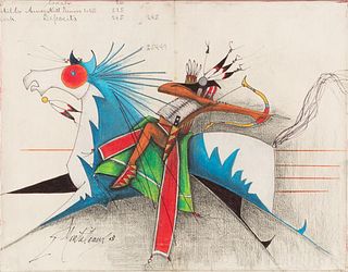 Donald Montileaux, Prisma color pencil on ledger paper, mounted on canvas