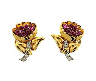 Retro 18K Gold Diamond Red Stone Flower Earrings