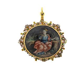 Antique 18k Gold Reverse Painting Devotional Pendant